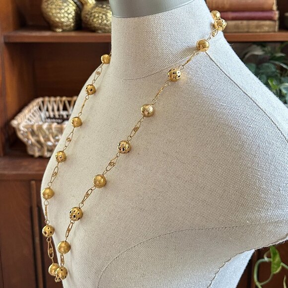 Vintage Gold-Tone Long Chain Necklace With Hollow Filigree & Solid Beads 32 Inch - Picture 3 of 4